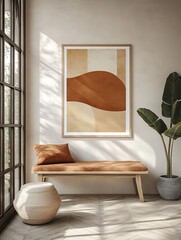 Canvas Print - Abstract art print on wall above bench in sunlit room.