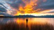 © warunthorn - Fisherman at Sunset by Lake with Colorful Clouds and Mountains