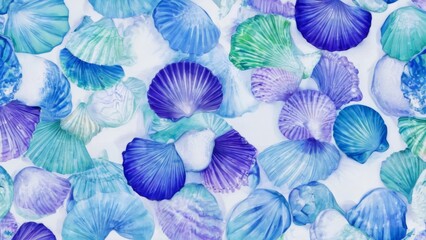Naklejka na meble Blue, Green, and Purple Seashell Seamless Pattern on White Background with Intricate Handdrawn Details  Vibrant and Whimsical Design