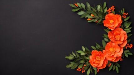 Wall Mural - Vibrant Orange Flowers with Green Leaves on Dark Background