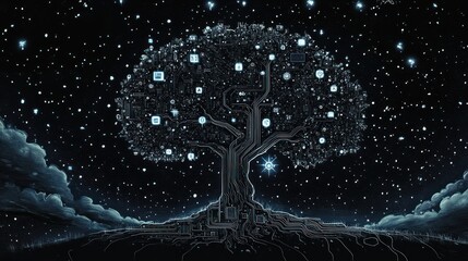 Digital tree night sky data network concept