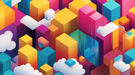 Colorful isometric data processing concept with vibrant geometric shapes and clouds. This abstract design features mix of bright colors and 3D elements, creating dynamic visual experience