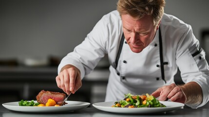 Professional chef in kitchen is plating up two plates of food for serving