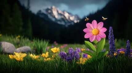 Poster - Vibrant Pink Flower Surrounded by Colorful Wildflowers and Bees