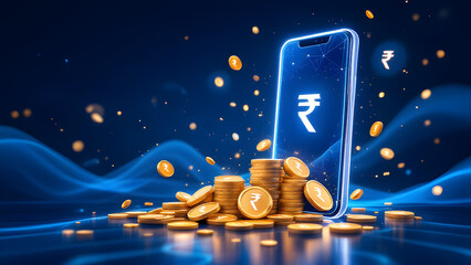 Indian rupee coins with cell phone illustration, digital wallet concept of digital money, online transaction, e-wallet, Upi, payment system background