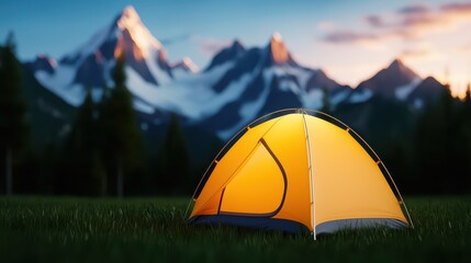 Poster - Vibrant Yellow Tent in Tranquil Mountain Landscape at Sunset