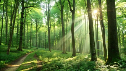  Morning light in the misty forest with trees and a peaceful path through the woods