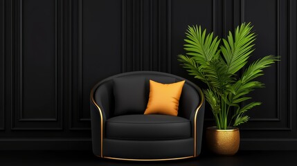 Wall Mural - Stylish Black Sofa with Golden Accents and Tropical Plant Decor