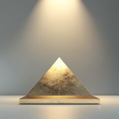Wall Mural - Softly spotlighted triangular podium in matte gold set against a gradient-lit backdrop in a contemporary space.