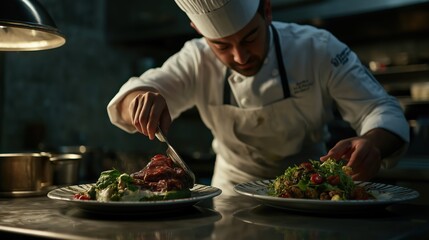 Professional chef in kitchen is plating up two plates of food for serving