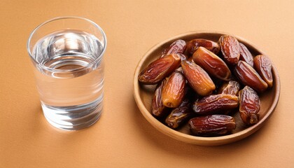 Canvas Print - Glass of water and a bowl of dates. Healthy and refreshing.