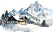 © kharom - Snow-covered cottage in mountainous landscape with majestic peaks in winter, tranquil scene of nature's beauty and serenity