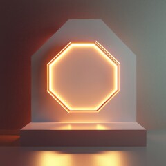 Wall Mural - In a shadowy minimalist 3D studio, a hexagonal badge mockup floats, its subtle soft light outline lending a refined touch.