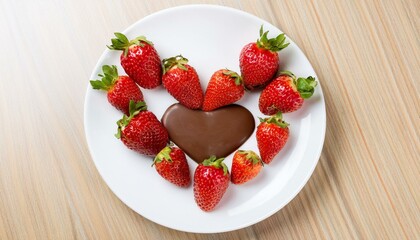 Canvas Print - Sweet treat: Strawberries arranged around a heart-shaped chocolate dip.