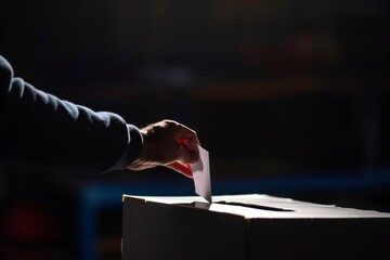 hand casting a ballot into a voting box against a dark background