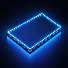 Neon blue rectangular frame with glowing diagonal lines, surrounds a minimalist 3D patch mockup.,