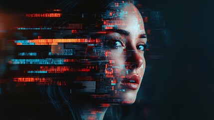 Canvas Print - Woman's face overlaid with digital data streams, symbolizing technology and human connection.