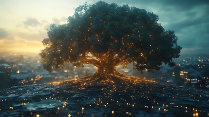 Wall Mural - Glowing Tree Over City at Sunset; Digital Art