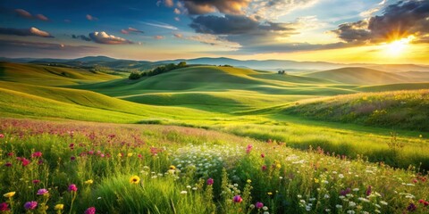 Wall Mural - Rolling hills of lush green grass with a few wildflowers swaying gently in the breeze, wildflowers, countryside