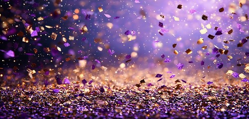 Wall Mural - golden and purple glittering confetti bursting with light, creating an abstract and celebratory atmo