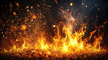 Wall Mural - Burning flames with sparks flying upwards on a dark black background, surrounded by warm golden light, burning, dark,  burning, dark