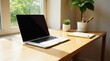 © napak - A sunlit workspace featuring a portable computer, a small succulent plant, and writing implements on a light wooden desk near a window.