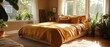 © atipong - A cozy bedroom featuring a plush king-sized bed with warm golden bedding ample natural light and a serene eclectic aesthetic