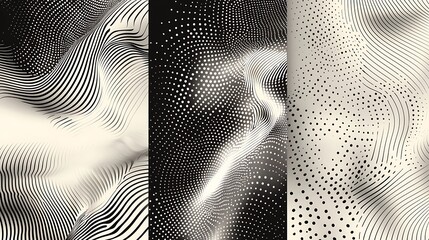 Halftone gradient patterns featuring wavy dots and diagonal waves in a monochrome, grainy effect, suitable for stylish vector backgrounds.