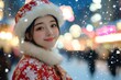 © Diversity - Chinese 18 year old female university student, wearing traditional Chinese festive dress with furry hat, very happy shopping, in the city, snow falling in the sky.