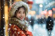 © Diversity - Chinese 18 year old female university student, wearing traditional Chinese festive dress with furry hat, very happy shopping, in the city, snow falling in the sky,