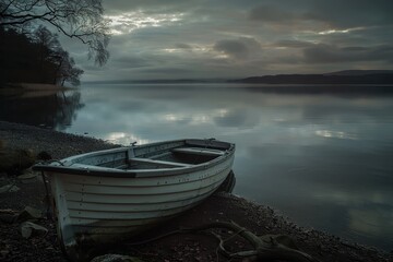 Canvas Print - A tranquil dawn scene with a solitary boat and reflective water