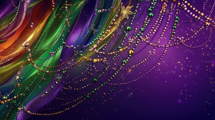 Sticker - A colorful Mardi Gras banner with gradient hues of purple and green, enhanced by strings of beads and festive patterns