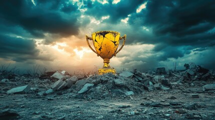 Wall Mural - A cracked yellow trophy standing out on a pile of rubble under a dramatic cloudy sky, signifying loss and hope