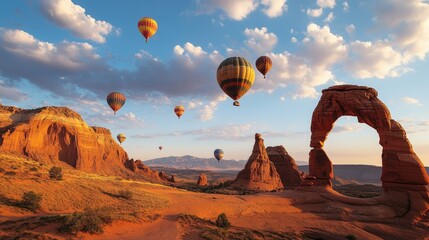 Canvas Print - A peaceful desert scene with colorful hot air balloons dotting the sky above the iconic red rock arches and mesas.