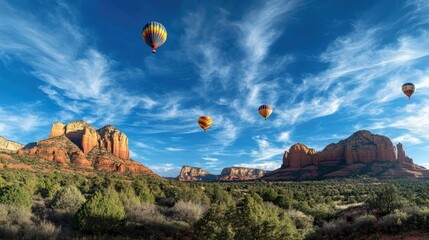 Canvas Print - A stunning view of colorful hot air balloons soaring over majestic red rock formations under a vibrant blue sky with wispy clouds.