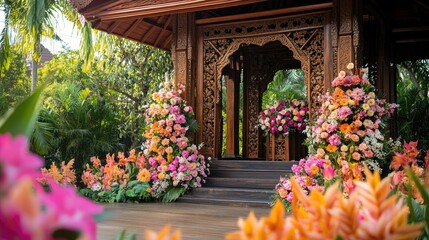 Canvas Print - Artistic floral display with vibrant orchids and roses, complemented by the ornate wooden carvings of a traditional Thai pavilion in the background