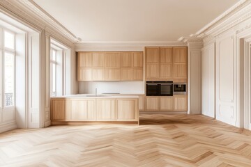 Sticker - Modern kitchen, Parisian apartment, herringbone floor, sunlight. Interior design