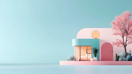 Wall Mural - Minimalist Floating House Concept on Pastel Backdrop   Tranquil Architectural Rendering of a Modern Geometric Home Suspended on a Serene Lake or Ocean with a Peaceful Sky and Horizon