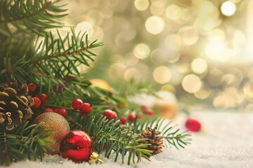 Wall Mural - Empty Christmas card adorned with fir branches and festive decorations in soft light