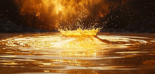 Wall Mural - liquid gold oil drop creating ripples on a reflective surface with a striking splash effect.