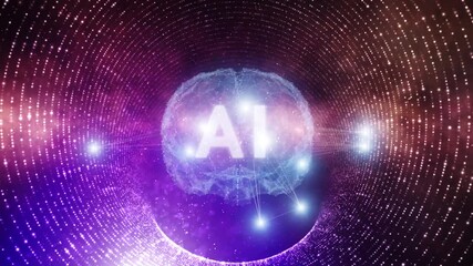Wall Mural - futuristic digital glow dotted tunnel with ai letters and human brain animation.