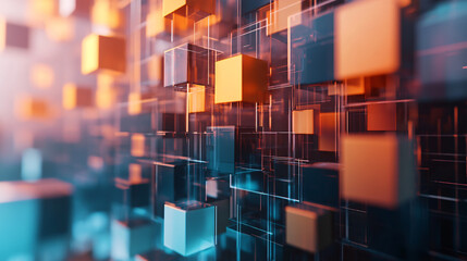Wall Mural - A 3D rendering showcases a cube as part of an abstract geometric background, representing technology concepts.
