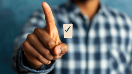 Wall Mural - Close-up of diverse adult man in checkered shirt interacting with digital touchscreen displaying validation icon in blue background environment