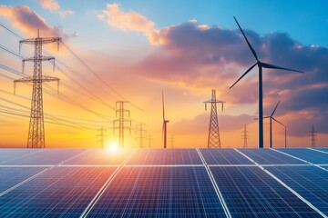 sunset solar farm with wind turbines and power lines (1)
