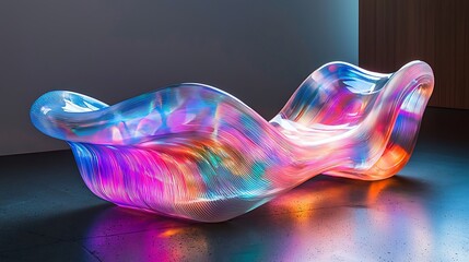 Wall Mural - neon-lit, iridescent holographic glass shapes flowing in dynamic, curved patterns, designed for futu