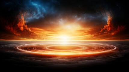 Wall Mural - celestial convergence: a breathtaking, otherworldly scene unfolds, depicting a fiery sunset over a m