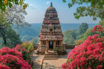 Hilltop temple, vibrant flowers, scenic valley view, travel