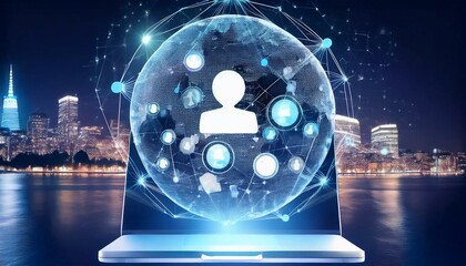 Businessman holding a digital tablet with binary code. Remote work and social media network hologram 