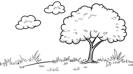 simple tree drawing, sunny day, grass, clouds, coloring page