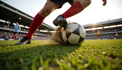 Close-up of Football Player Kicking Ball on Stadium Field